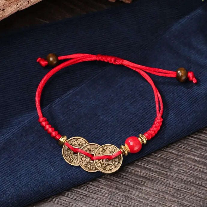 Chinese Braided Ancient Coins Charm Red Bracelet