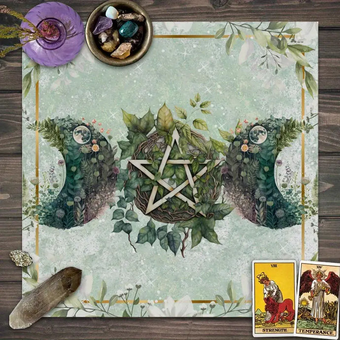 Green Leaf Pentacle Moon Flower Altar Cloth