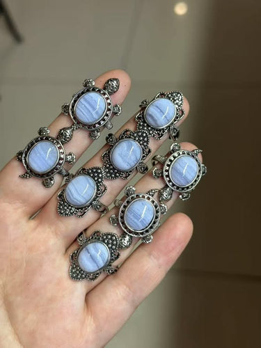 Blue Lace Agate Turtle Adjustable Ring