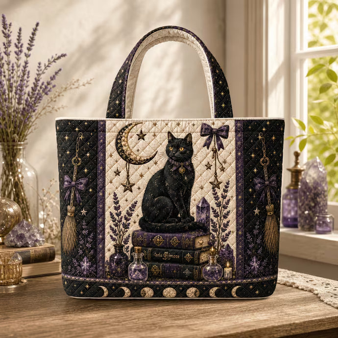 Black Cat Moon Stars Spell Book Quilted Bag