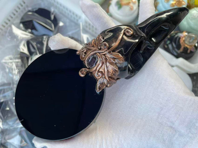 Raven Skull Black Obsidian Mirror