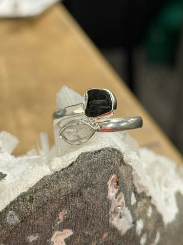 Black Tourmaline and Herkimer Diamond Ring Size 11