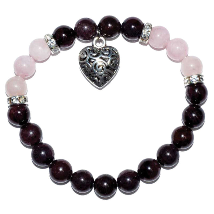 Garnet and Rose Quartz W/ Heart Charm Bracelet