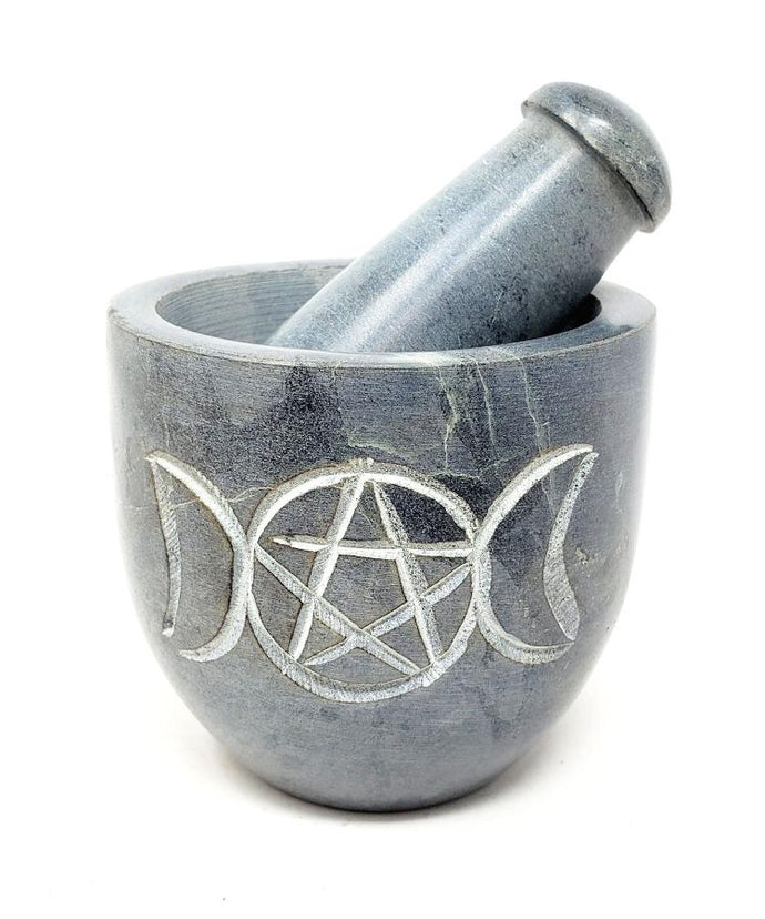 Triple Moon Pentagram Carved Soapstone Mortar & Pestle 2.75
