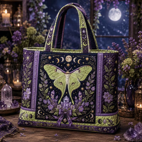 Quilted Tote Bag with Luna Moth, Moon Phases
