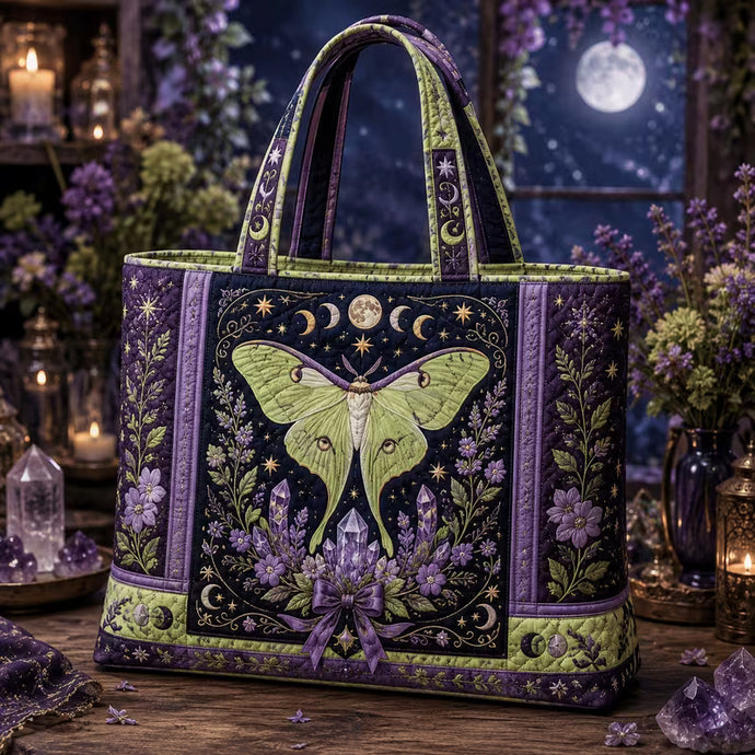 Quilted Tote Bag with Luna Moth, Moon Phases