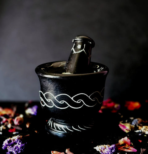 Black Soap Stone Celtic Knot Carved Black Mortar & Pestle