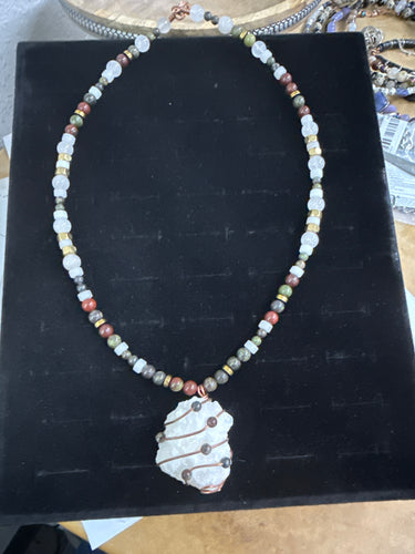 Bloodstone, Pink Calcite and Morganite Necklace