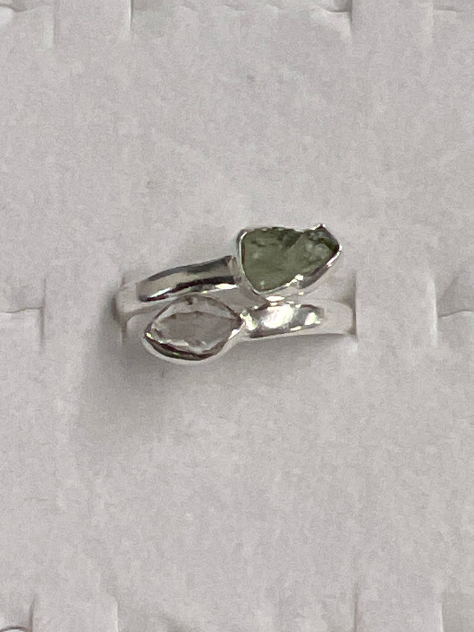 Moldavite and Herkimer  Ring (Size 10)