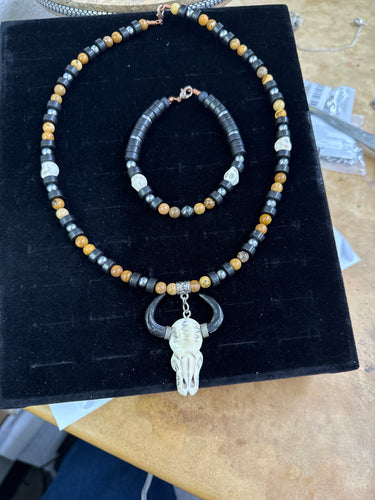 Wood and Black Tourmaline Necklace and Bracelet