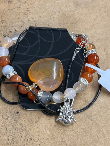 Agate and Carnelian W/Lady Bug Bracelet and Carnelian Heart Necklace