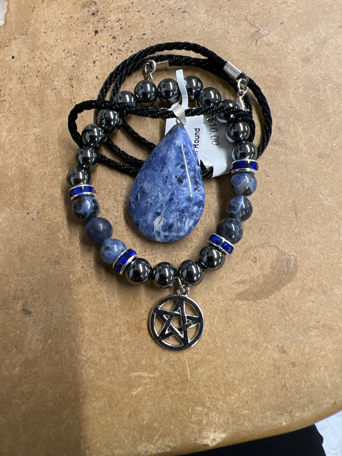 Hematite and Sodalite Pentacle Bracelet and Sodalite Drop Necklace