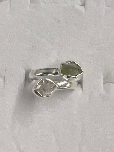 Moldavite and Herkimer  Ring (Size 5)