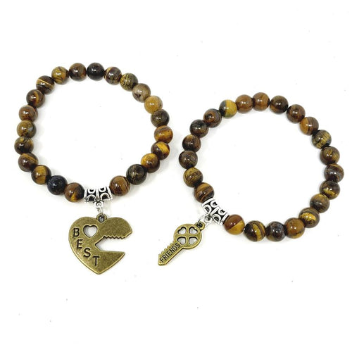 Best Friends Tiger's Eye Bracelet (Heart & Key Lock) (2 Piece Set)