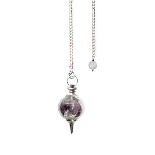 Glass Ball Healing Amethyst and Quartz Chips Pendulum