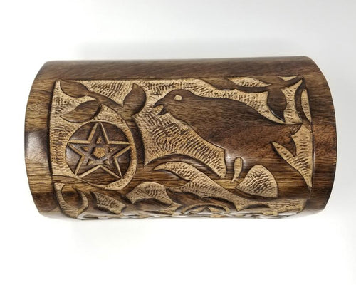 Raven & Pentagram Carved Round Top Wood Box 8