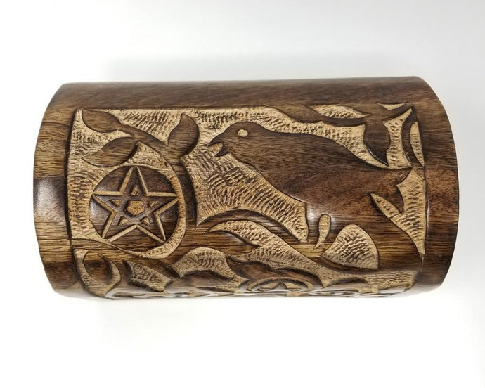 Raven & Pentagram Carved Round Top Wood Box 8